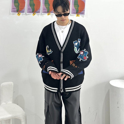 Korean black cardigan with urban patches.