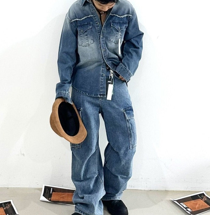 Korean street fashion denim cargo pants, oversized.