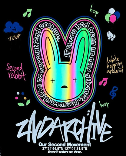 Close up of reflective bunny graphic on 2nd Archive t-shirt from Korea. 