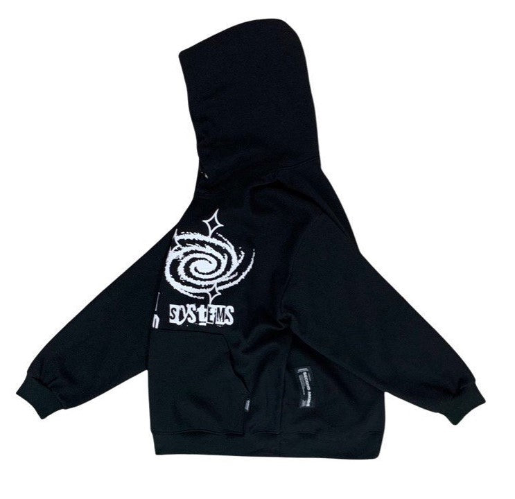 Side facing black hoodie sweater with cool graphic made in Korea. 