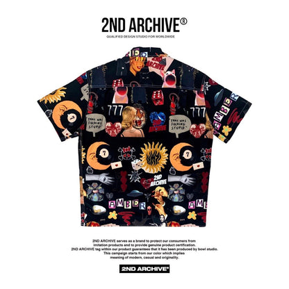 Back facing pop art shirt with detailed graphics. 