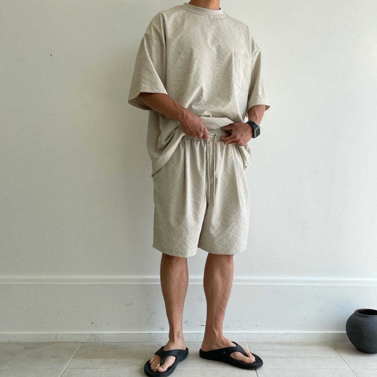 Stylish t shirt and shorts made in Korea, beige. 