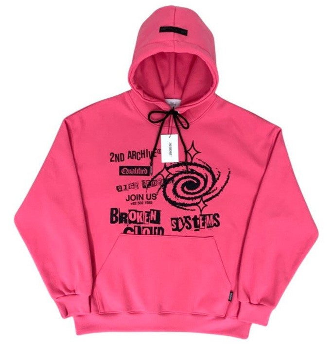 Front facing pink hoodie graphic sweater. 