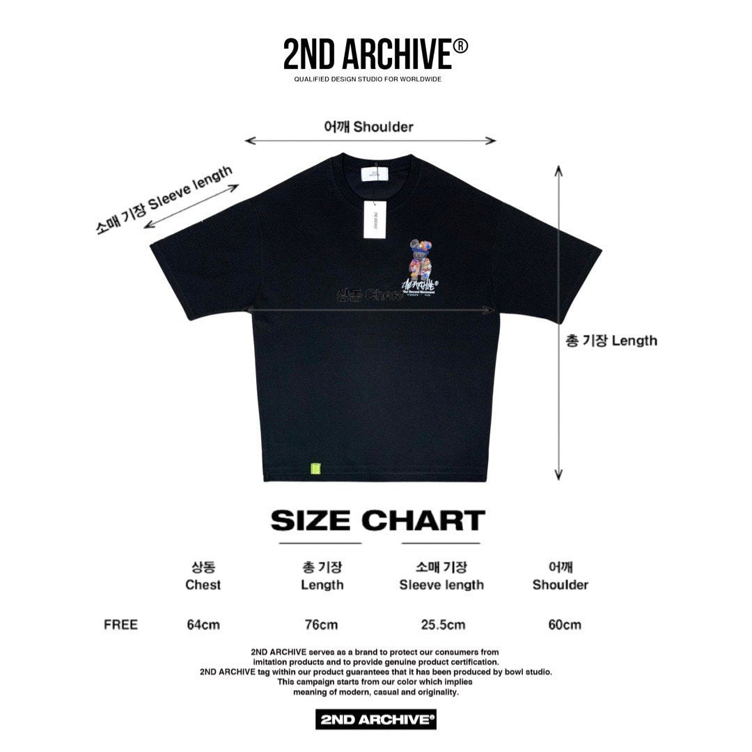 Size chart for 2nd Archive free size t shirt. 