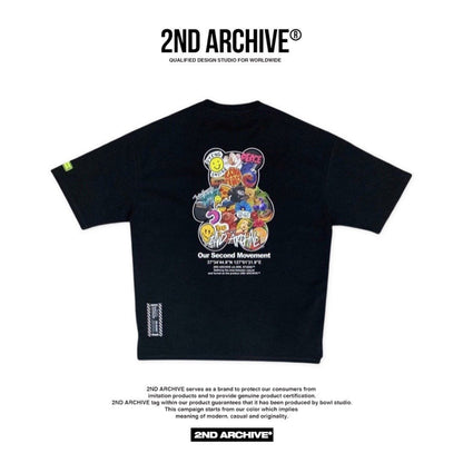 Back facing black Korean street fashion t shirt with bear graphic collage. 