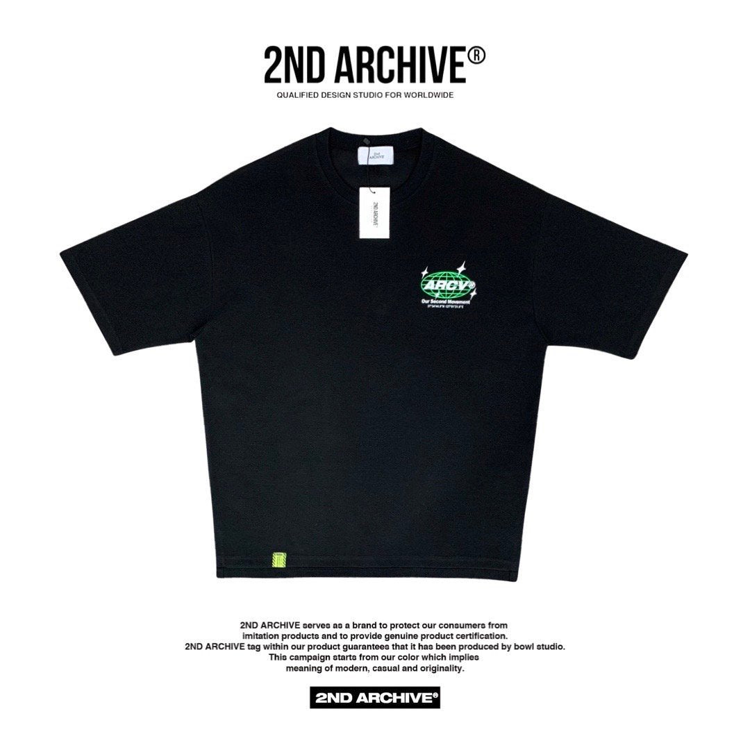 front facing black graphic t-shirt from Korea with logo.