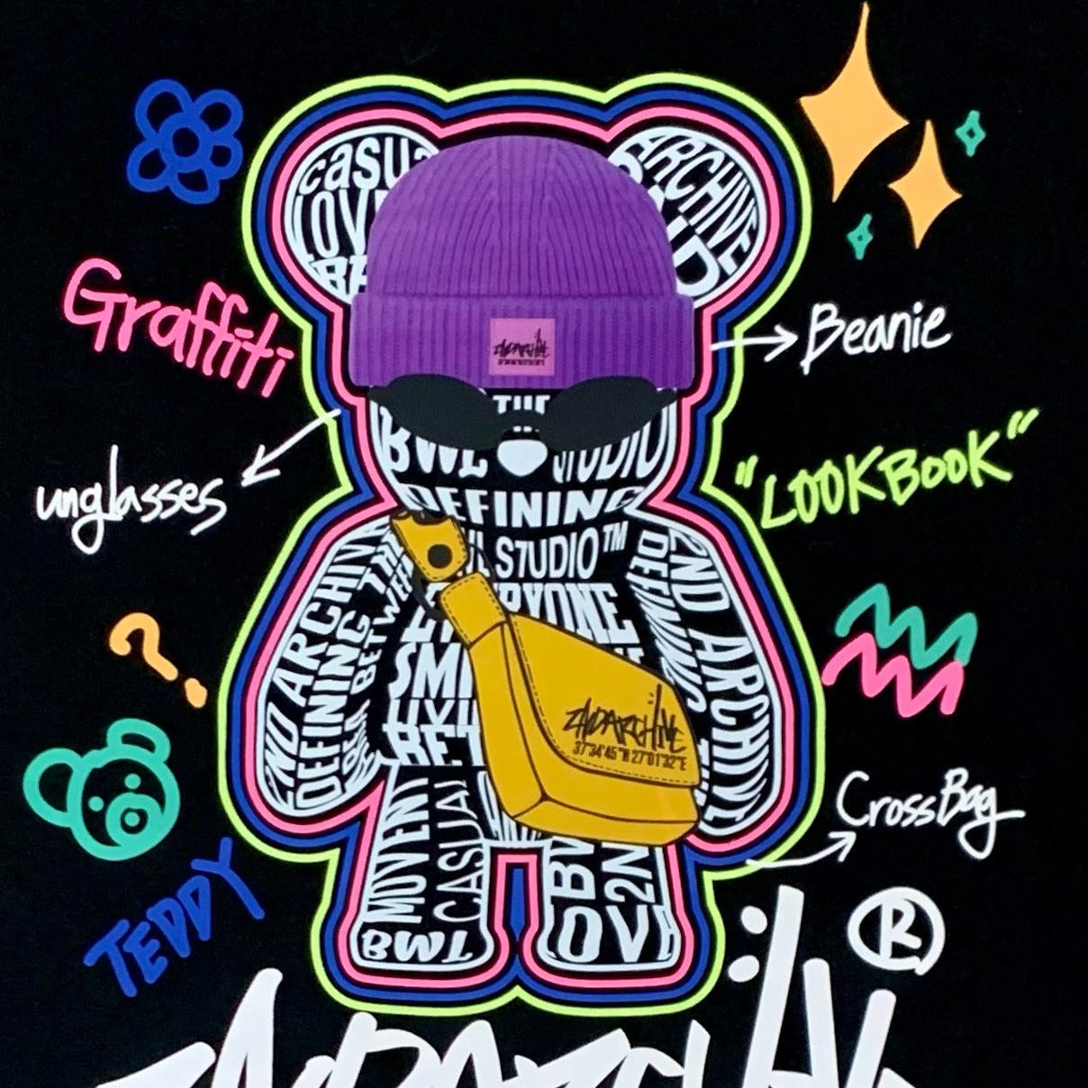 Graffiti graphic style close up with teddy bear wearing a beanie. 