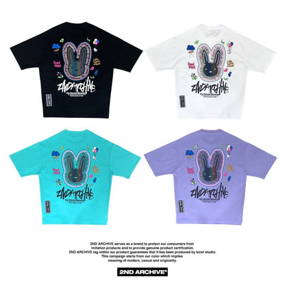 Black, white, mint and purple best selling Korean made t shirts with reflective bunny graphics unisex. 