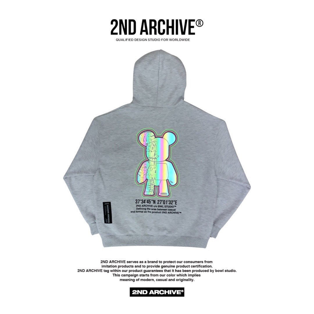 Back facing graphic parka sweater with teddy bear reflective image, gray. 