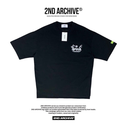 Black front facing graphic t shirt made in Kore with small logo on the chest. 