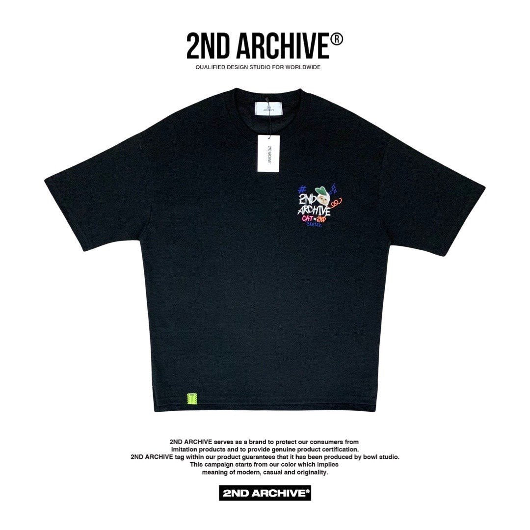 Korean streetwear T-shirt by 2nd Archive with cat and doodles.