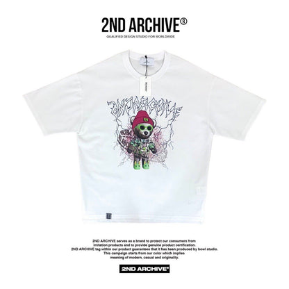 Front facing white graphic street fashion t shirt with hip hop style teddy bear on front. 