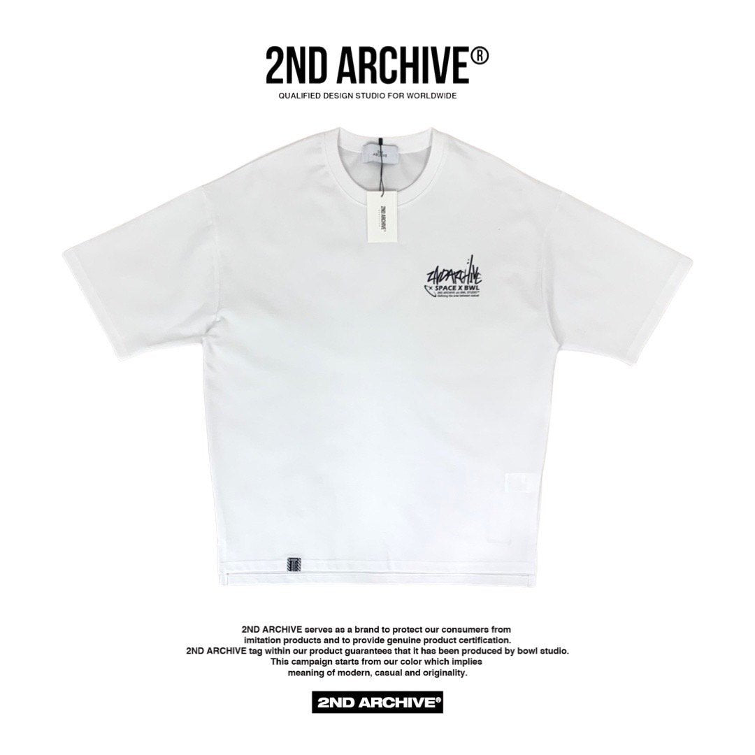 Front facing white t shirt from Korean street brand Second Archive with logo on the chest. 