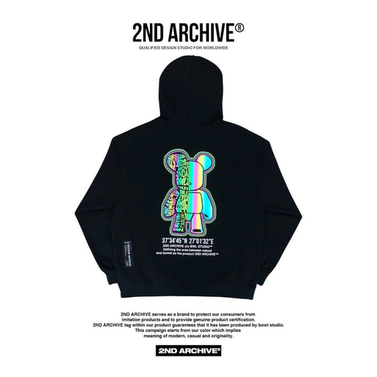 Street fashion graphic hoodie sweater with reflective bear image, black.  