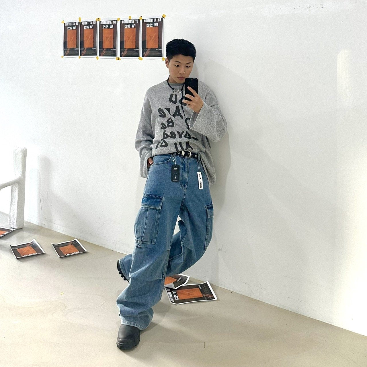 Oversized Korean denim cargo pants, streetwear.