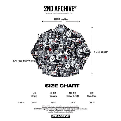 Size chart for pop art graphic shirt made in Korea. 