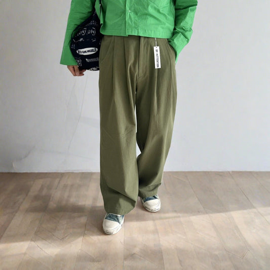 Khaki Korean street pants, oversized silhouette.