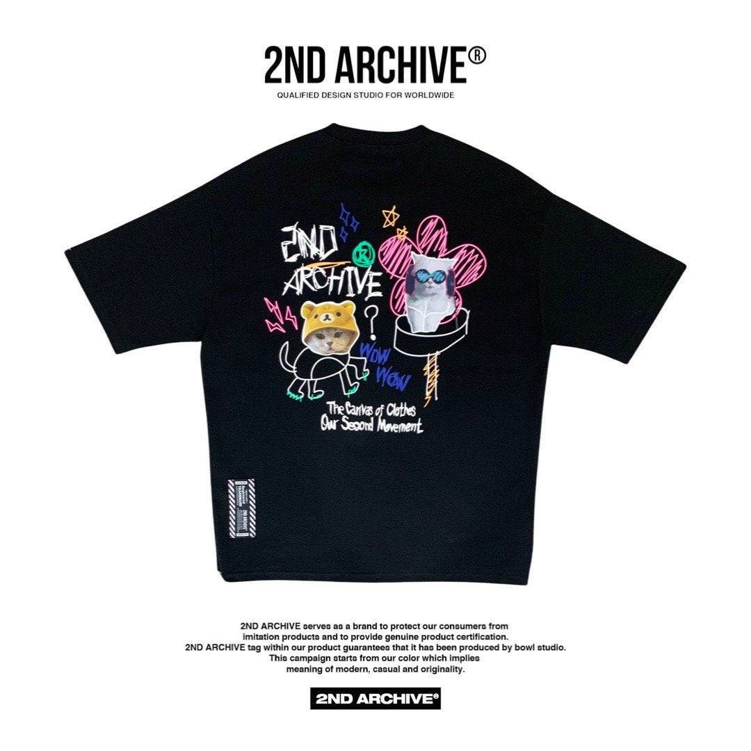 Fashionable 2nd Archive tee featuring cat and doodle art.