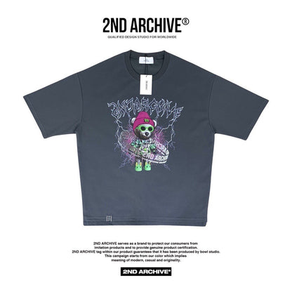 Dark gray front facing graphic t shirt with hip hop style teddy bear graphic made in Korea. 