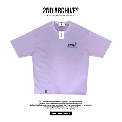 Front facing light purple t shirt with 2nd Archive logo on the chest. 