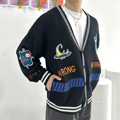 Urban Korean black cardigan with patches.