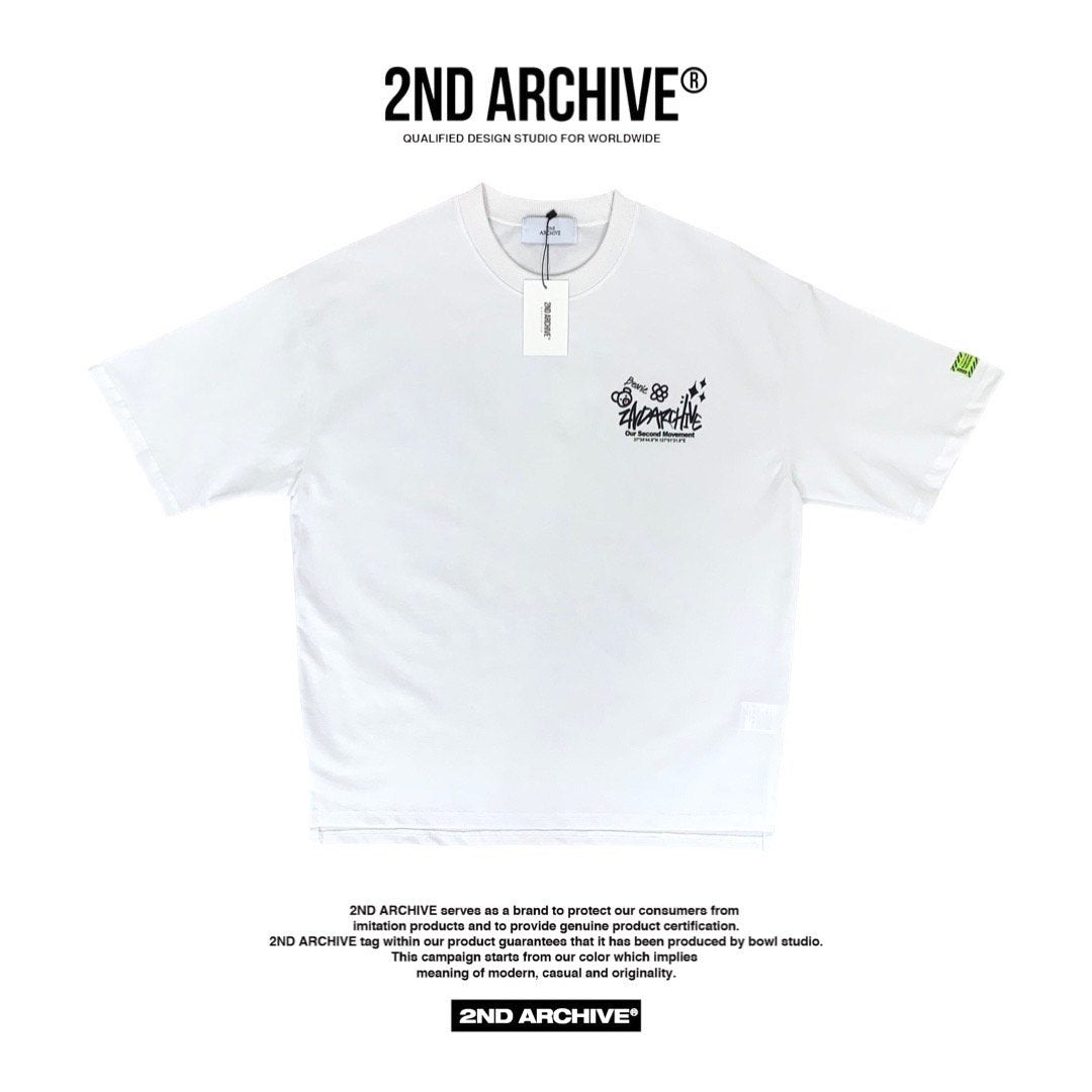 Front facing white t shirt with cool logo on the chest. 