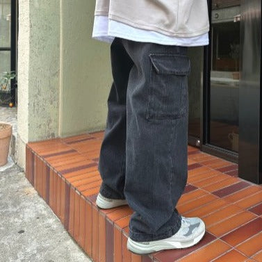 Black denim cargo pants, Korean style.