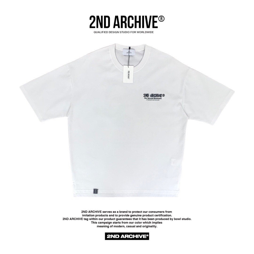 Front facing white t-shirt with small logo on chest made in Korea. 