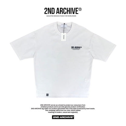 Front facing white t-shirt with small logo on chest made in Korea. 