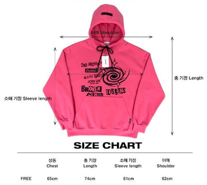 Size chart for one size fits all unisex hoodie sweater. 