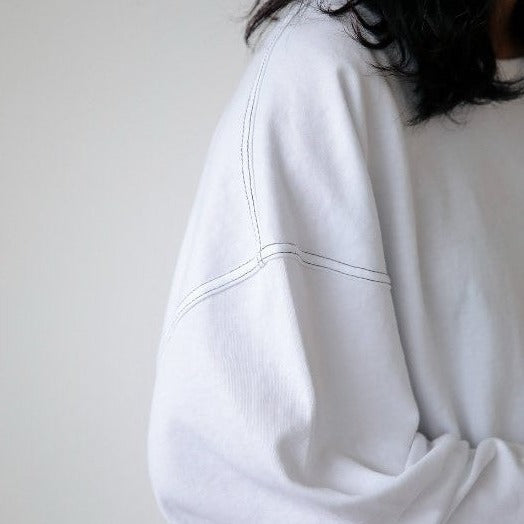 Close up view of Korean street fashion long sleeve shirts shoulder and double stitched design. 