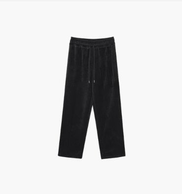 Black straight leg corduroy pants with adjustable waist. 