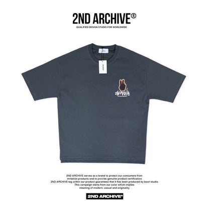 Front facing dark gray Korean street fashion t shirt with small 2nd Archive logo on the chest. 