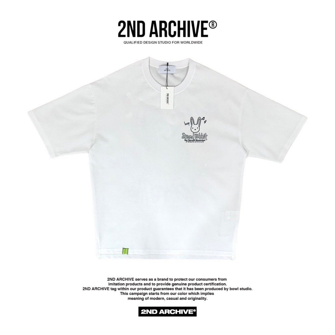 Front facing white men's t-shirt with small graphic on the chest and 2nd Archive logo .