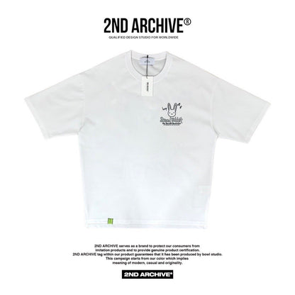 Front facing white men's t-shirt with small graphic on the chest and 2nd Archive logo .