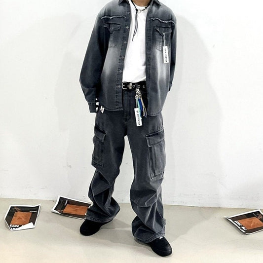 Dark denim cargo pants, Korean-made.