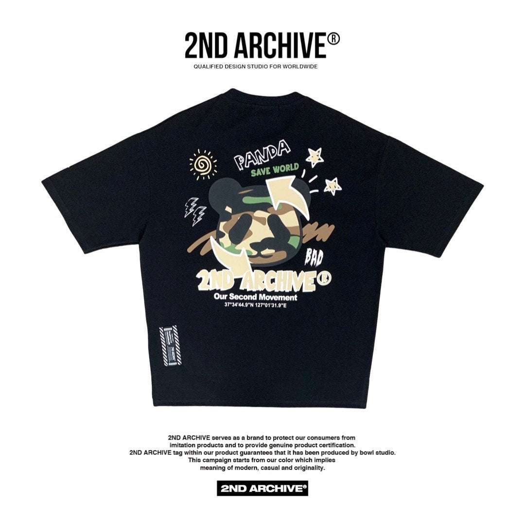 Back facing black t-shirt with panda bear graphic and 2nd Archive logo. 