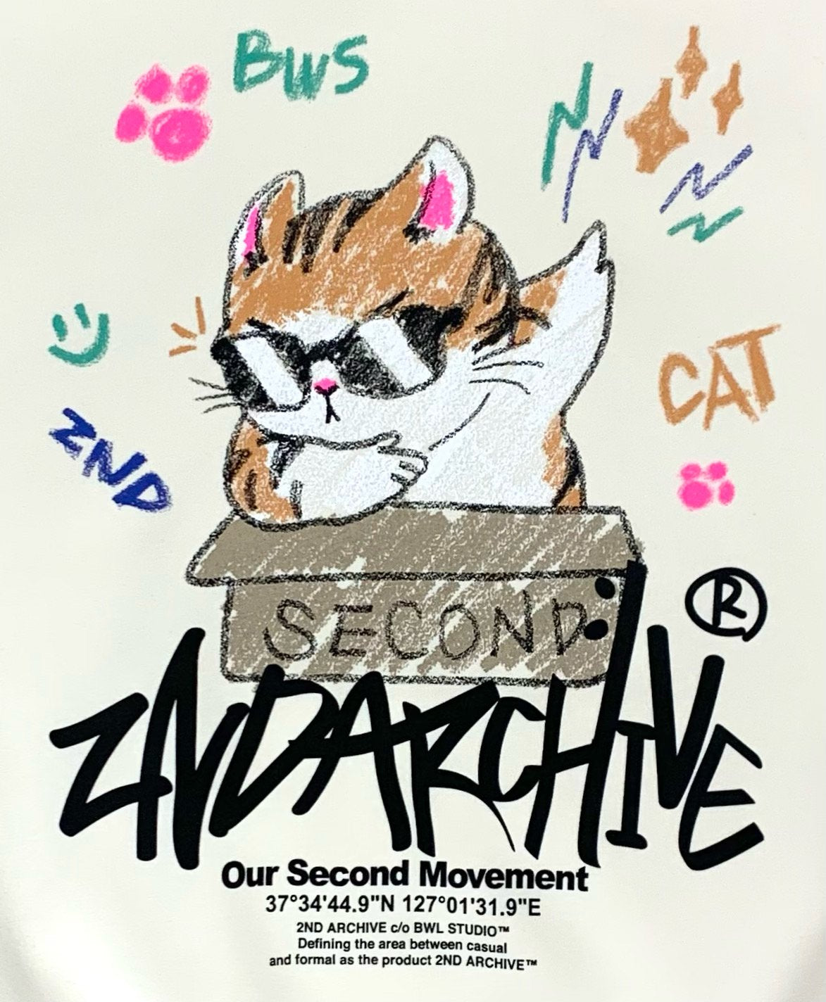 可愛い猫グラフィック付き、カラフルな2nd Archiveパーカー