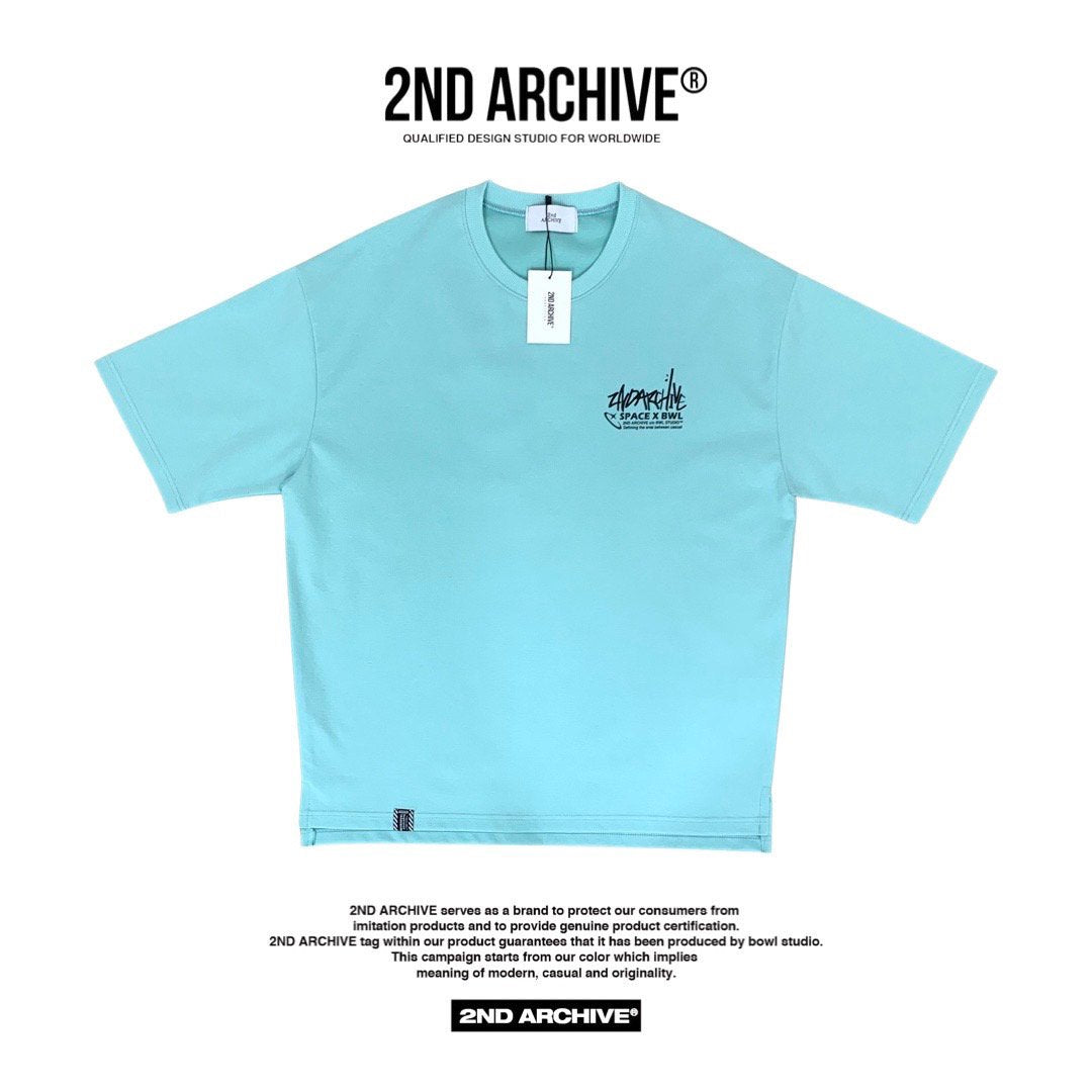 Front facing light blue graphic t shirt made in Korea. 