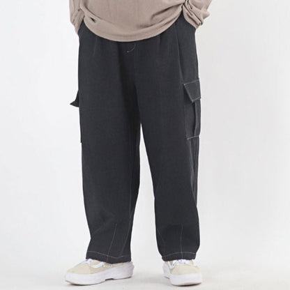 Black denim cargo pants, oversized Korean streetwear.