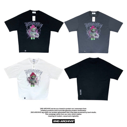 Black, white and dark gray t-shirts with cool teddy bear graphic on the front. 