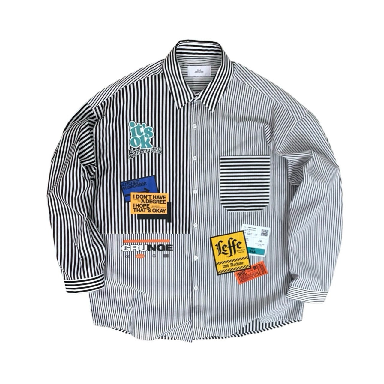 韓国ストリート風パッチ付きストライプシャツ