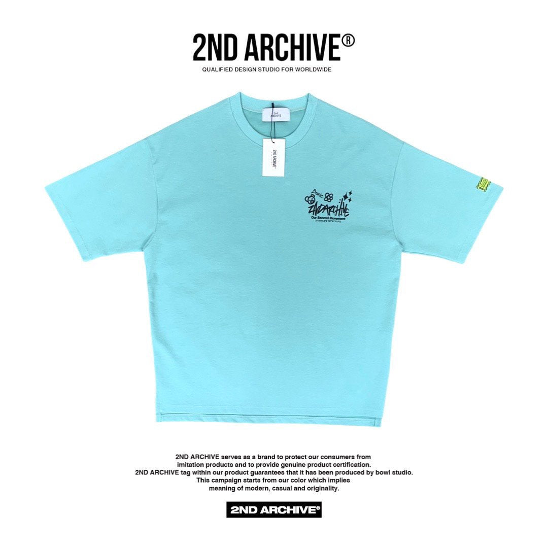 Front facing light blue hip hop style t shirt with small logo on the chest made in Korea. 