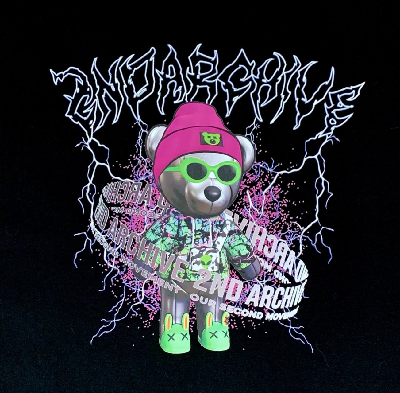 Close up of hip hop teddy bear graphic from Korean fashion brand.  