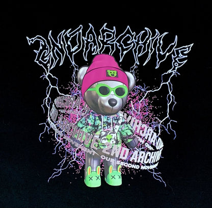 Close up of hip hop teddy bear graphic from Korean fashion brand.  