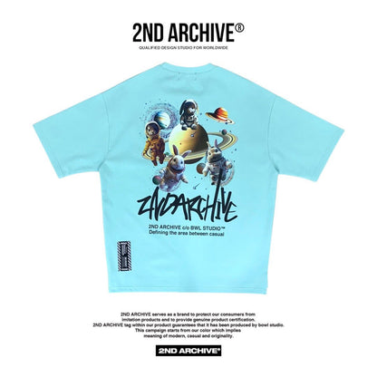 Back facing light blue t shirt with cool graphic of astronaut bunnies. 