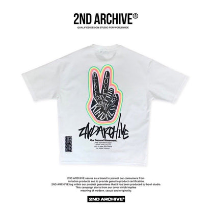 Men's white hip hop style graphic t shirt back facing with cool peace sign hand graphic. 