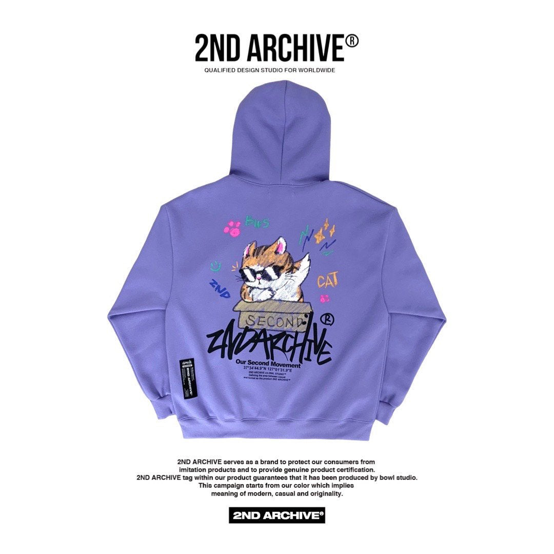 4色展開、可愛い猫のデザイン入り2nd Archiveパーカー