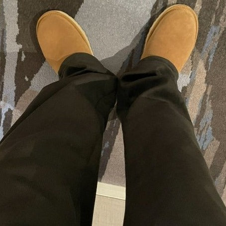 top down view of pants boot line. 