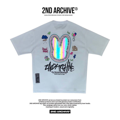 Back facing white t shirt with cool reflective graphic of a hip hop style bunny. 